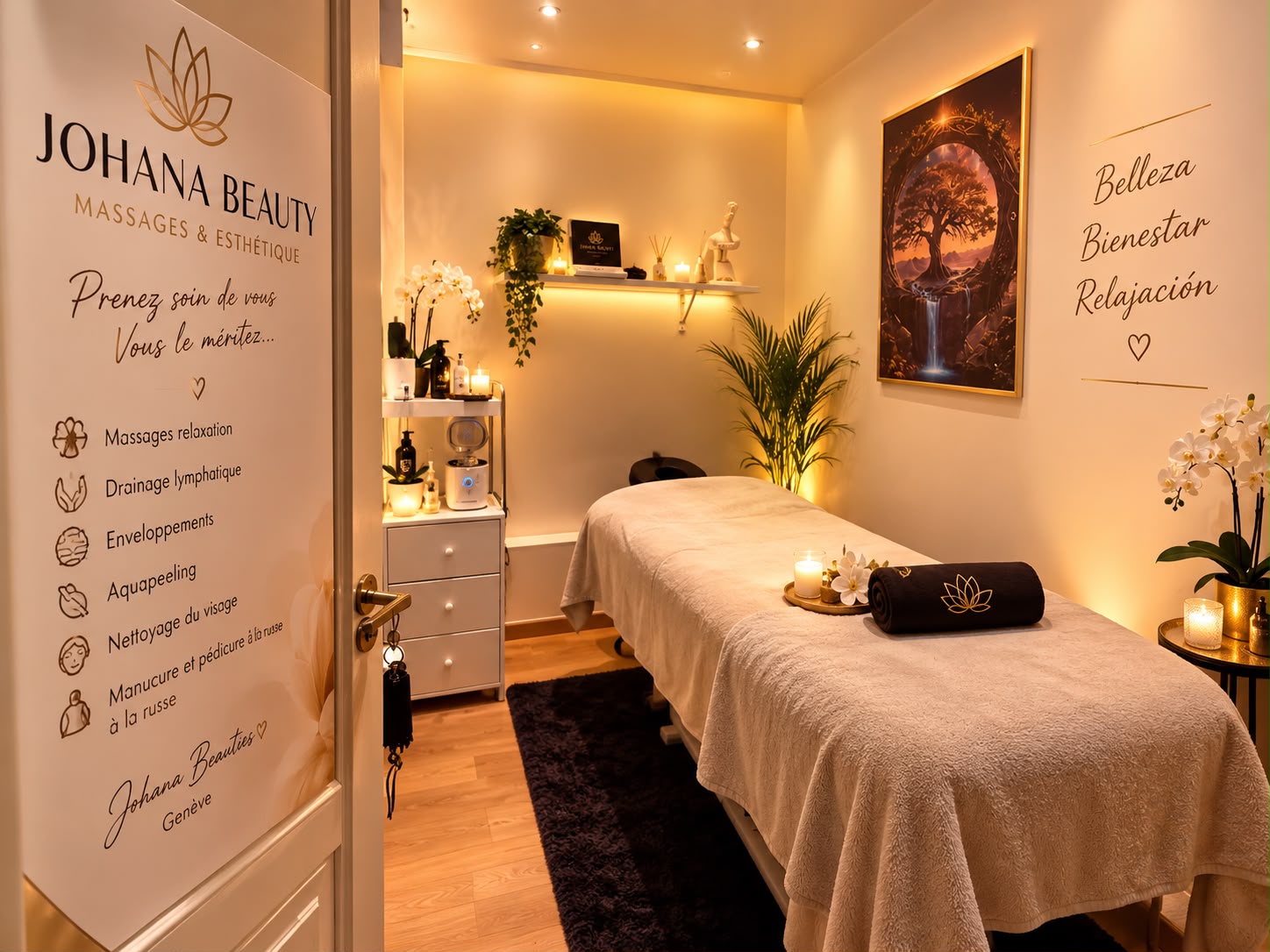 Cabine de soins Johana Beauties, table de massage et lumière chaleureuse